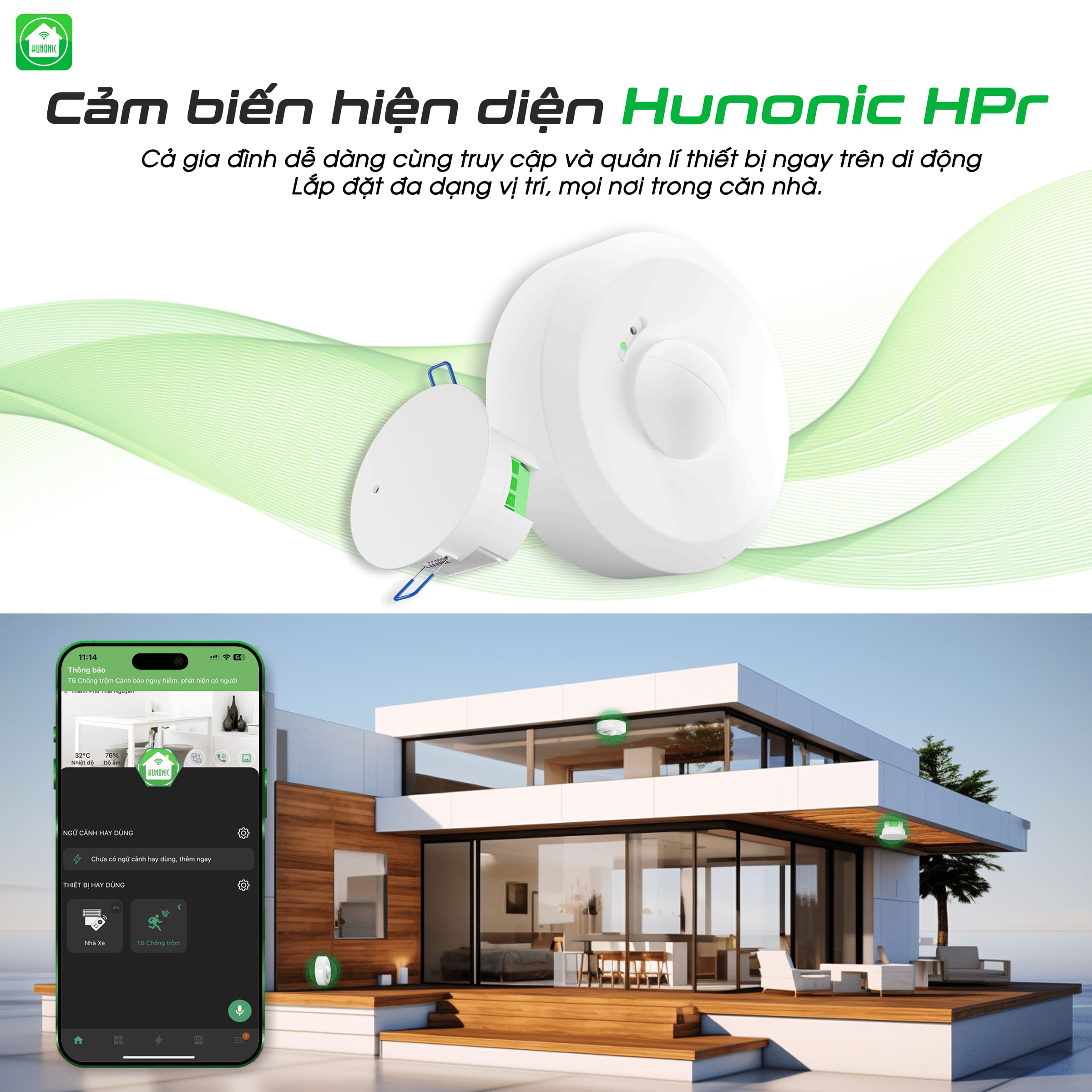 Cảm Biến Hiện Diện HPR WiFi Hunonic - Góc nhìn trước