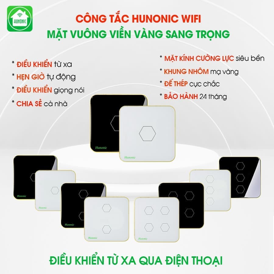 Công Tắc Hunonic Luxury Vuông Viền Vàng – Mặt kính cường lực sang trọng