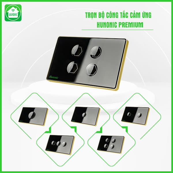 Công Tắc Hunonic Premium viền vàng - góc nhìn nghiêng