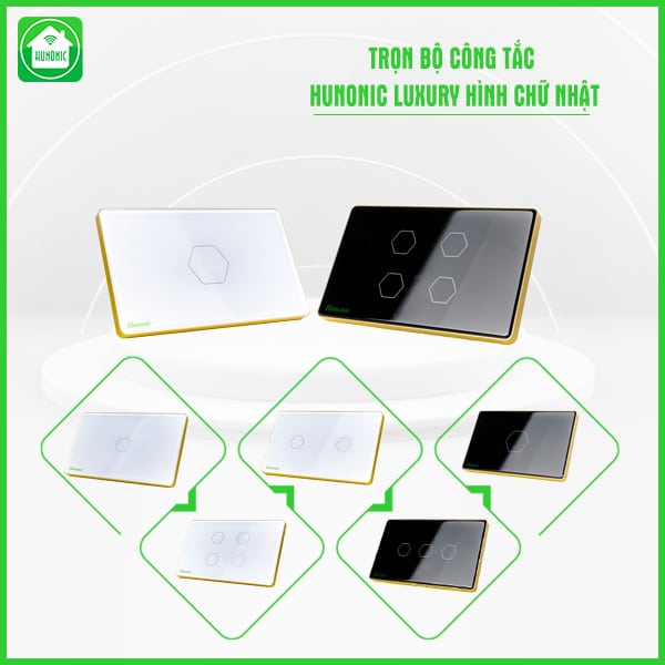 Công Tắc WiFi Hunonic Luxury Chữ Nhật Viền Vàng – Mặt kính cường lực cao cấp